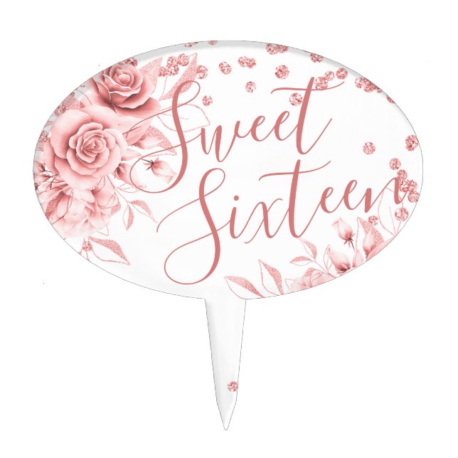 Rose Gold Sweet 16 Glitter Confetti Floral Cake Topper (Front)