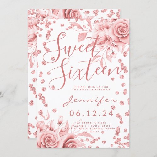 Rose Gold Sweet 16 Glitter Confetti Floral Invitation