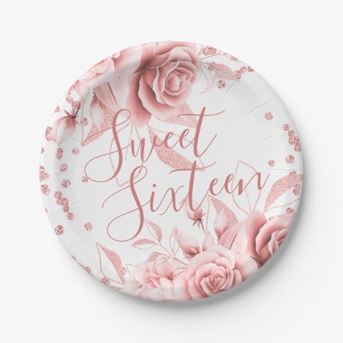 Rose Gold Sweet 16 Glitter Confetti Floral Paper Plates