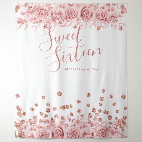 Rose Gold Sweet 16 Glitter Confetti Floral Tapestry