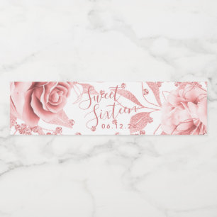 Rose Gold Sweet 16 Glitter Confetti Floral Water Bottle Label