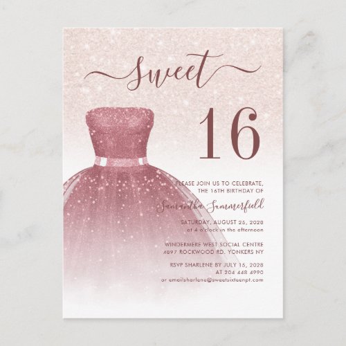 Rose Gold Sweet 16 Modern Glitter Drips Script Invitation Postcard