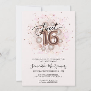 Rose Gold Sweet 16 Pink Watercolor Girly Balloons Invitation