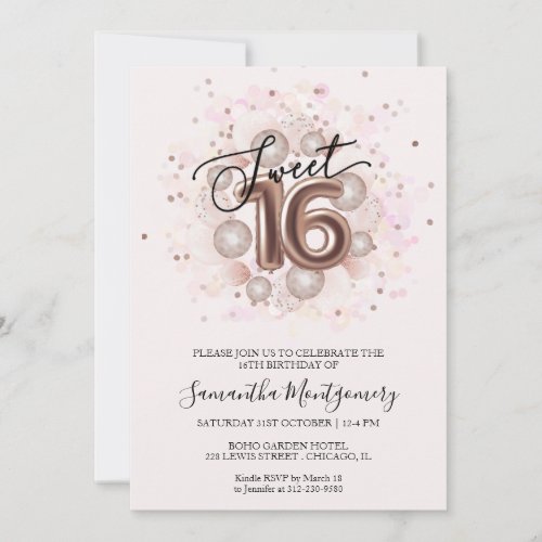 Rose Gold Sweet 16 Pink Watercolor Girly Balloons Invitation