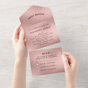 Rose gold Sweet 16 Pretty Sparkly Girly Pink All In One Invitation