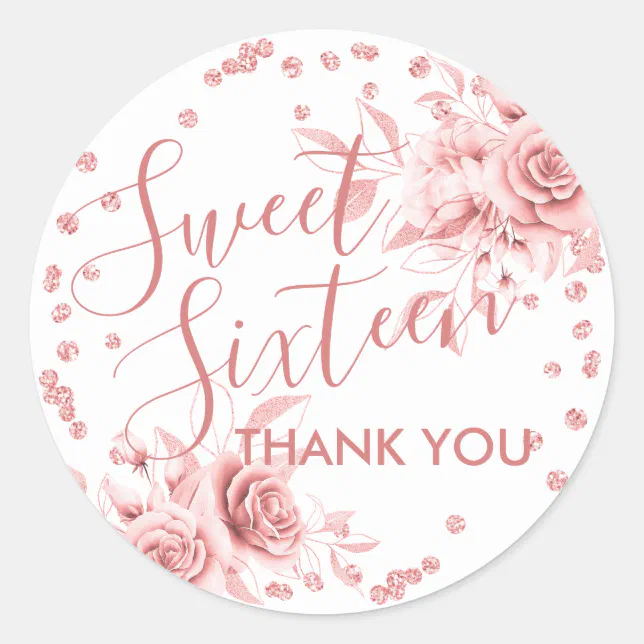 Rose Gold Sweet 16 Thank You Floral Glitter Classic Round Sticker | Zazzle