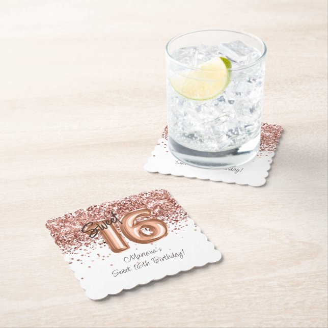  Rose Gold Sweet 16th Birthday Party Paper Coaster (Insitu)