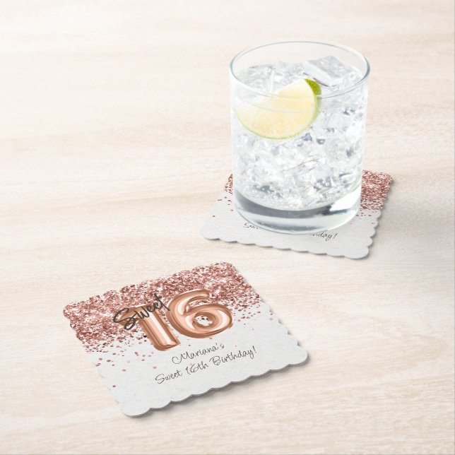  Rose Gold Sweet 16th Birthday Party Paper Coaster (Insitu)