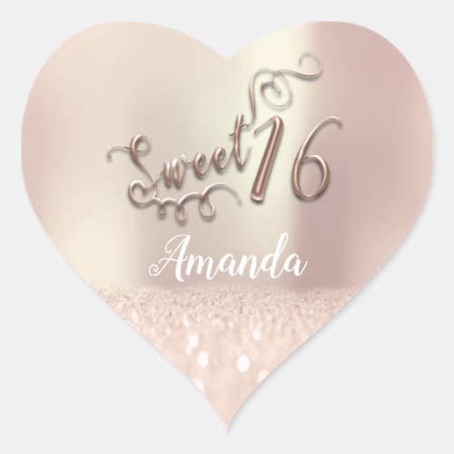 Rose Gold Sweet 16th Princess Heart Name Spark Heart Sticker