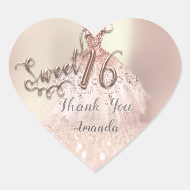 Rose Gold Sweet 16th Princess Heart Thank Dress Heart Sticker (Front)