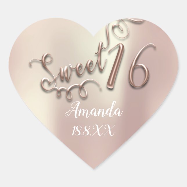 Rose Gold Sweet 16th Script Heart Name Date Heart Sticker (Front)