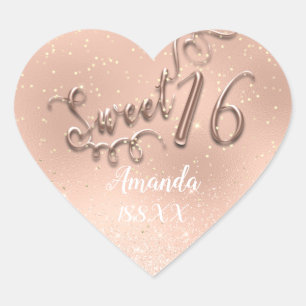Rose Gold Sweet 16th White Heart Glitter Sparky Sticker
