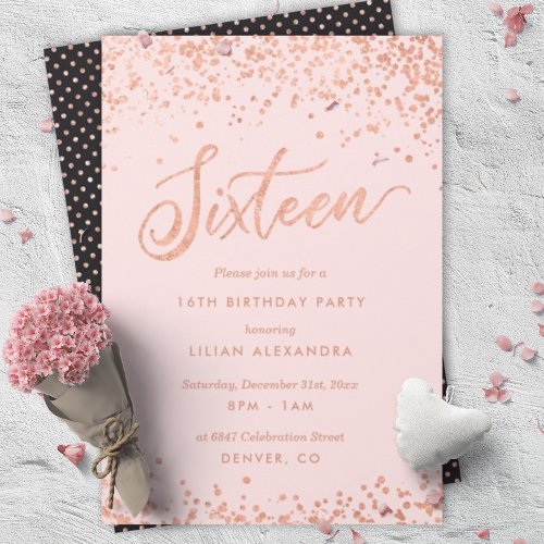 Rose Gold Sweet Sixteen Party Invitation Faux Foil