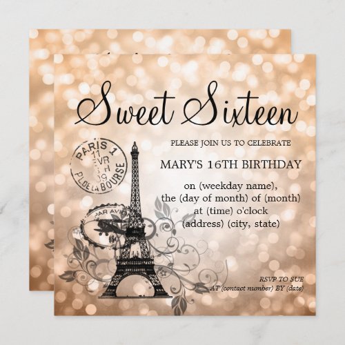 Rose Gold Sweet Sixteen Romantic Paris Glam Invitation