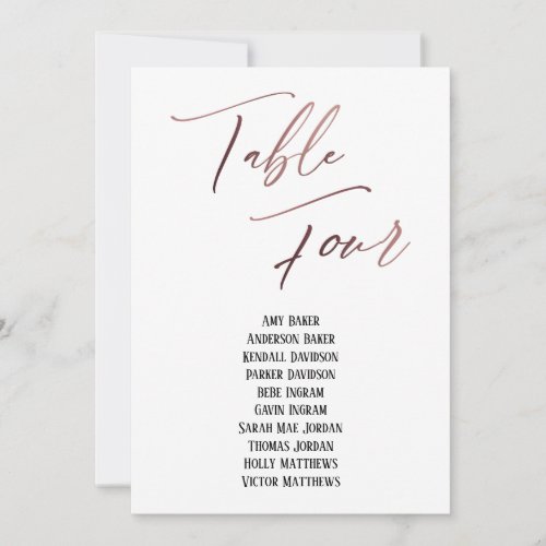 Rose Gold Table Four Seating Chart Card