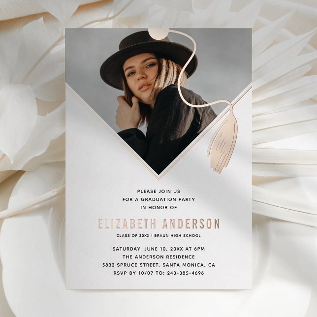 Rose Gold Tassel Cap Photo Graduation Party Foil Invitation (Creator Uploaded)