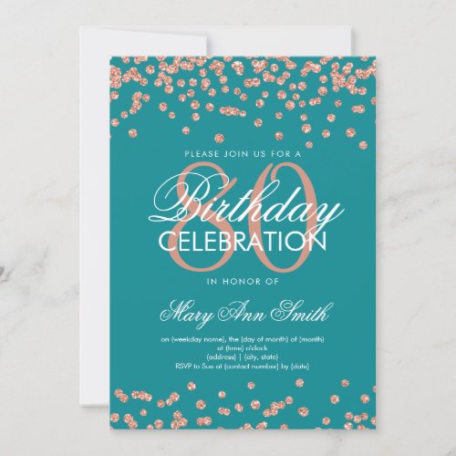 Rose Gold Teal 80th Birthday Glitter Confetti Invitation