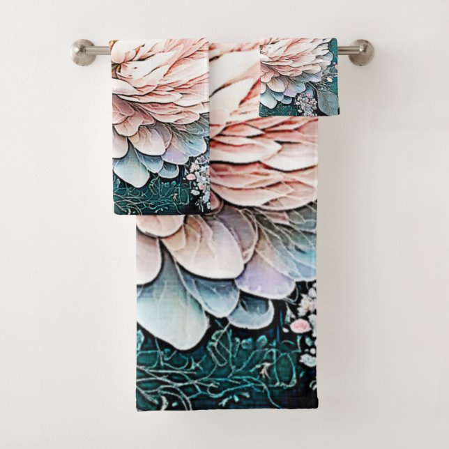 Rose Gold Teal Bloom Art Bath Towel Set (Insitu)