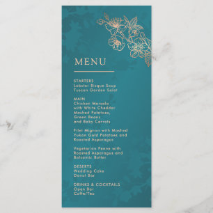Rose Gold Teal Floral Line Art Wedding Menu