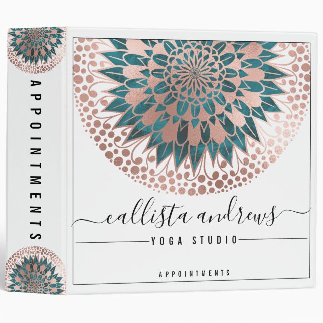 Rose Gold Teal Floral Mandala Appointment Book 3 Ring Binder (Front/Spine)