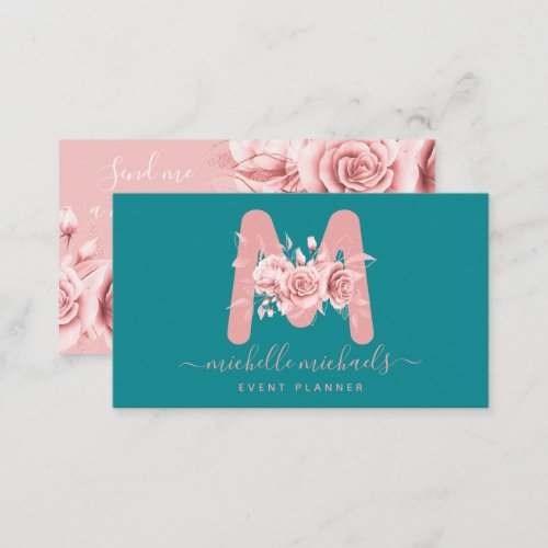 Rose Gold Teal Floral Watercolor Monogram Business Card