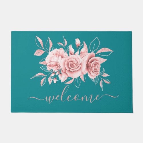 Rose Gold Teal Floral Watercolor Welcome Doormat