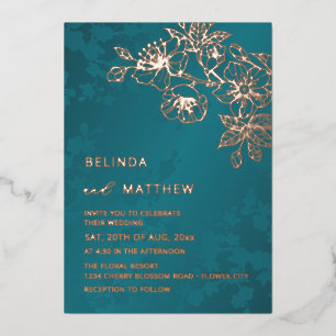 Rose Gold Teal Floral Wedding Foil Invitation