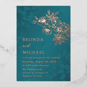 Rose Gold Teal Floral Wedding Foil Invitation