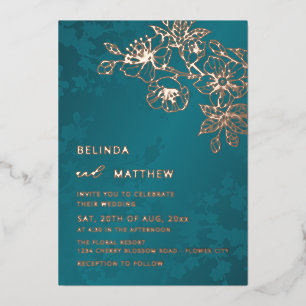 Rose Gold Teal Floral Wedding Foil Invitation
