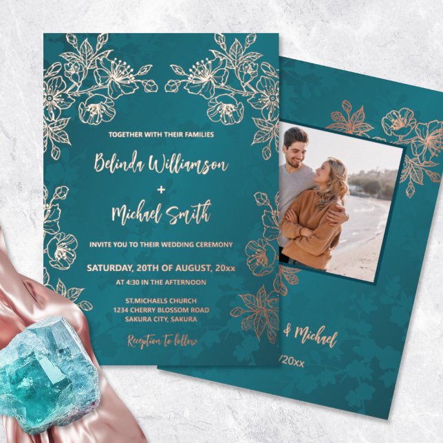 Rose Gold Teal Floral Wedding Foil Invitation (Creator Uploaded)