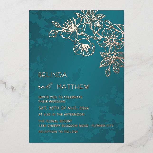 Rose Gold Teal Floral Wedding Foil Invitation (Front)