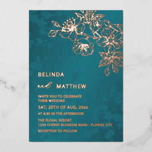Rose Gold Teal Floral Wedding Foil Invitation