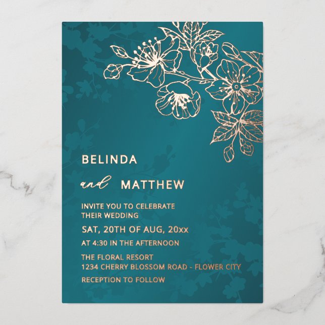 Rose Gold Teal Floral Wedding Foil Invitation (Front)