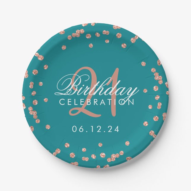 Rose Gold Teal Glitter Confetti 21st Birthday Paper Plates (Front)