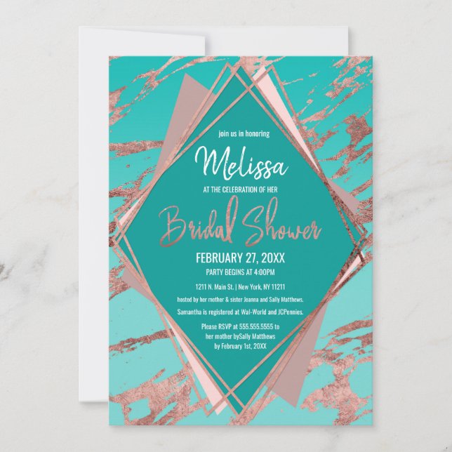 Rose Gold Teal Green Marble Bridal Shower Invitation (Front)