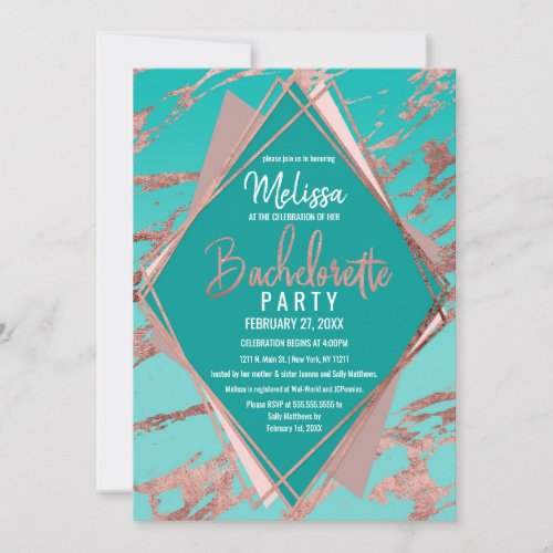 Rose Gold Teal Green Marble Diamond Bachelorette Invitation