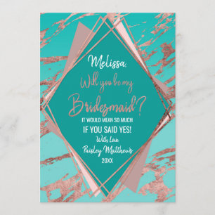 Rose Gold Teal Green Marble Diamond Bridesmaid Invitation