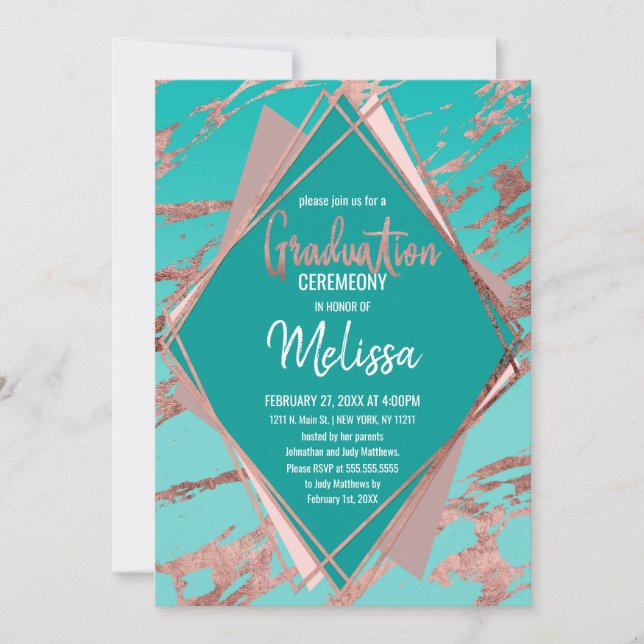 Rose Gold Teal Green Marble Diamond Graduation Invitation (Front)