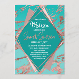 Rose Gold Teal Green Marble Diamond Sweet 16 Invitation