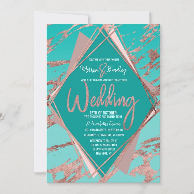 Rose Gold Teal Green Marble Diamond Wedding Invitation (Front)