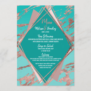 Rose Gold Teal Green Marble Diamond Wedding Menu