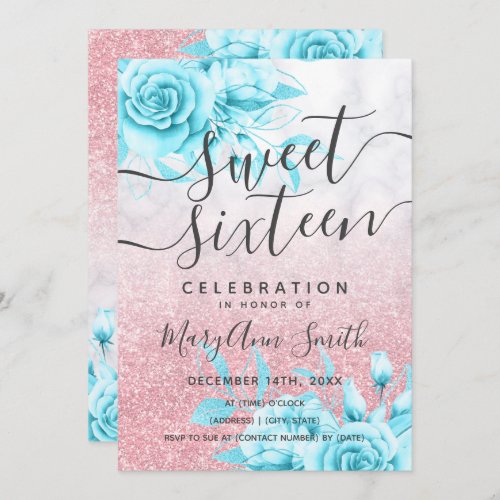 Rose Gold Teal Marble Floral Glitter Sweet 16  Invitation