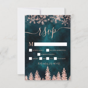 Rose gold teal pine navy Christmas winter rsvp Card