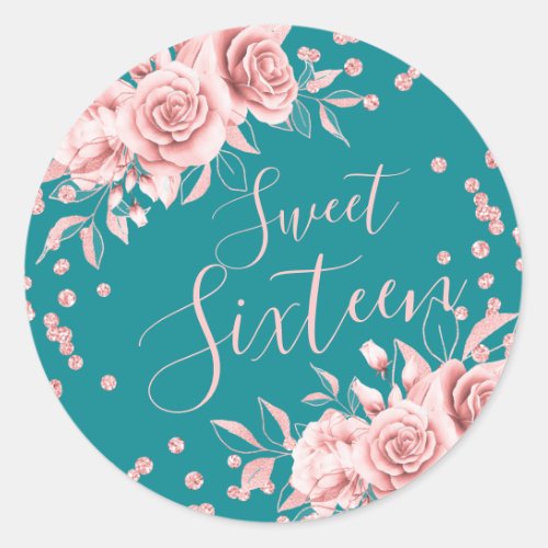 Rose Gold Teal Sweet 16 Birthday Floral Glitter Classic Round Sticker