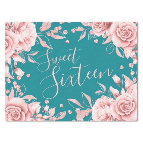 Rose Gold Teal Sweet 16 Birthday Party Floral Tissue Paper
