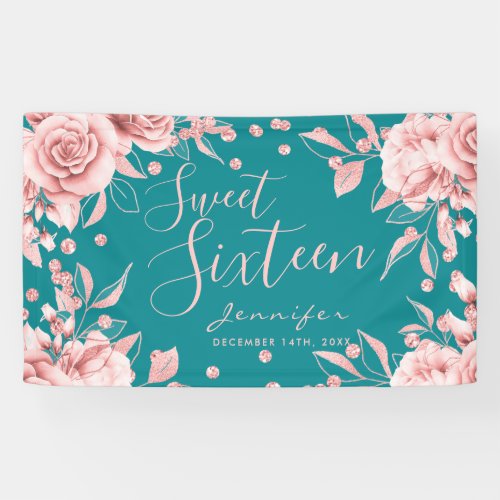 Rose Gold Teal Sweet 16 Glitter Confetti Floral Banner