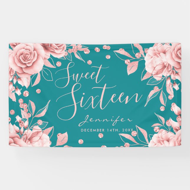 Rose Gold Teal Sweet 16 Glitter Confetti Floral Banner (Horizontal)