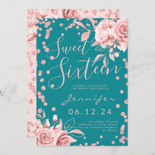 Rose Gold Teal Sweet 16 Glitter Confetti Floral Invitation
