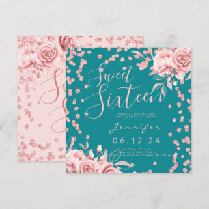 Rose Gold Teal Sweet 16 Glitter Confetti Floral Invitation