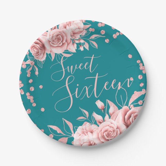 Rose Gold Teal Sweet 16 Glitter Confetti Floral Paper Plates (Front)
